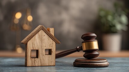 Wooden miniature house and judicial gavel resting on a surface with symbols of law blurred in the background
