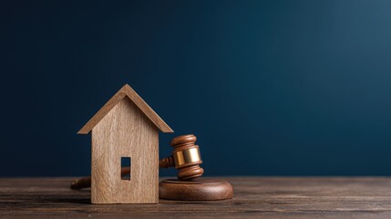 Wooden miniature house rests beside a judge's gavel on a dark wood surface against a deep blue background.