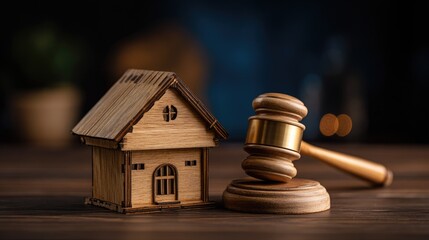 Wooden miniature dwelling sits beside a sounding block and judge's striking instrument on a dark tabletop.