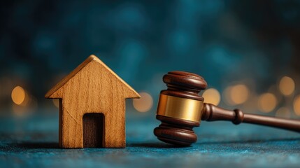 Wooden miniature house sits beside a judicial gavel against a dark, softly lit background