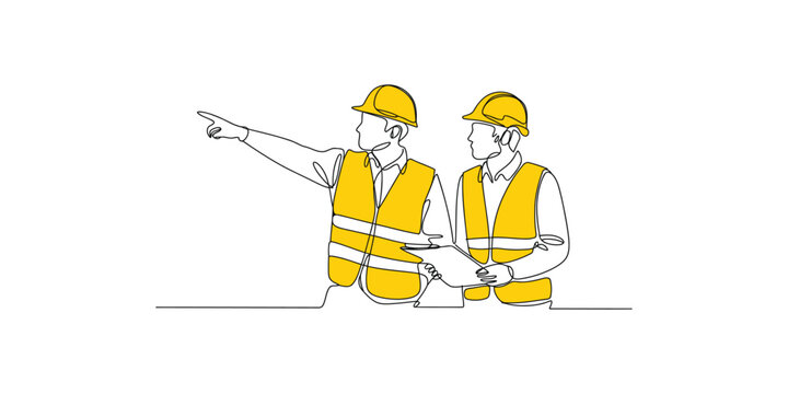 Continuous one line drawing of Two construction workers discussing plans on a job site with safety gear on