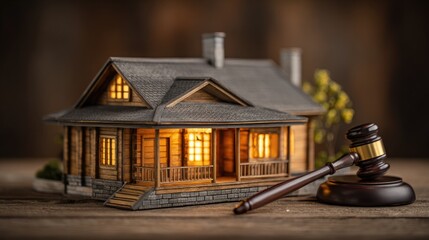 Miniature wooden dwelling sits beside a dark wooden gavel resting on a sounding block