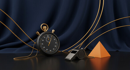Stopwatch and Whistle on Table: Stylish Sports Accessories with Geometric Elements
