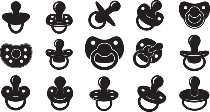Collection of various baby pacifier icons in black and white
