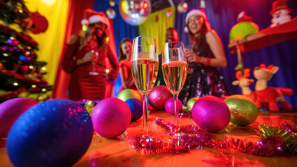 Christmas party scene, bursting with color and playful energy. Brightly colored baubles, tinsel fringe garlands, disco ball reflections, and a mix of retro vibes. Sparkling wine and people dancing