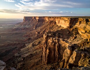 Expansive mesa and canyon landscape bathed in warm sunset light. Rugged cliffs meet the horizon in a vast, arid terrain