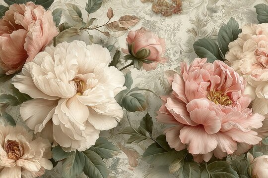 Vintage-style floral pattern with large, soft pink and cream flowers on antique beige background adorned with delicate greenery and subtle paisley designs
