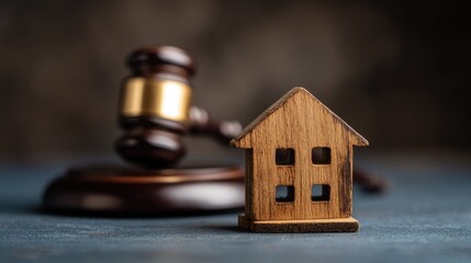 Wooden miniature house rests before a wooden gavel representing property law decisions