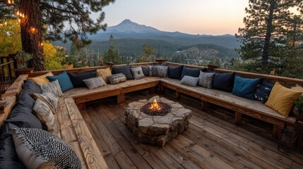 Rustic wooden outdoor seating area features a stone fire pit overlooking a vast mountain landscape at dusk