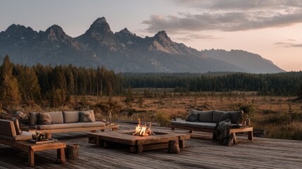 Comfortable outdoor seating arrangement overlooks a vast wilderness scene with rugged mountain peaks in the distance