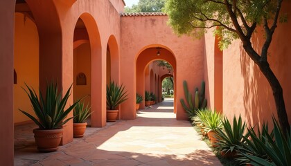 Fototapeta premium Orange stucco corridor with arches and potted plants. Sun casts shadows on stone path. Architecture features desert landscaping. Traditional building pathway.