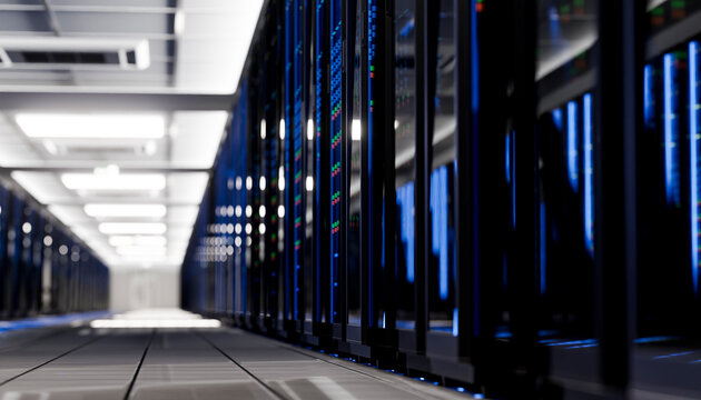 Modern data center server racks with blue lighting