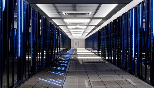 Modern data center with illuminated server racks