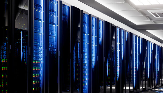 Modern data center with illuminated server racks