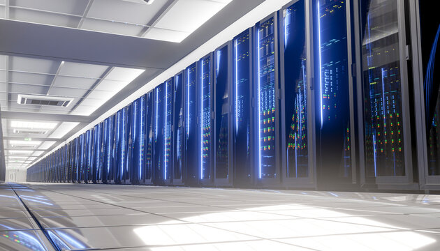Futuristic data center with glowing server racks