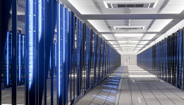 Modern data center with illuminated server racks