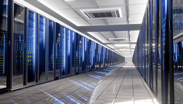Modern Data Center Corridor with Server Racks and Blue LED Light