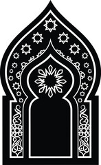 Ornate mosque arch silhouette black and white vector art graphic design element isolated on transparent background
