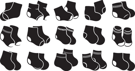 Collection of black and white socks in various styles