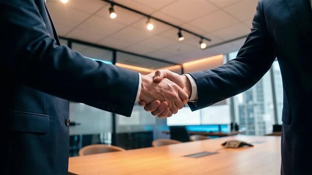 Two business professionals shaking hands in an office after closing a deal, symbolizing partnership, trust, agreement, and corporate success.