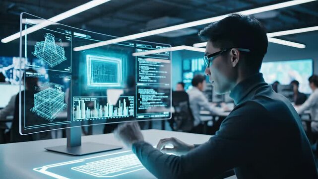 Asian Engineer Interacting with Futuristic Holographic CAD Design