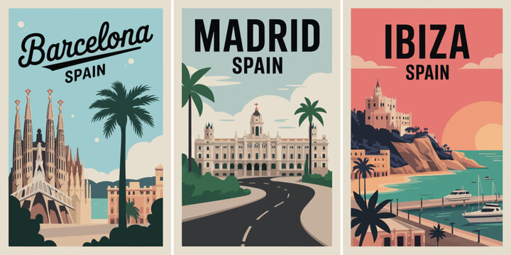 Barcelona Spain Poster, grand palace with palm trees and curved road travel illustration