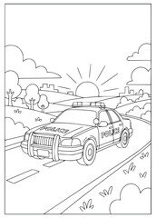 Coloring page of a police car driving on a road for kids to enjoy at home © Inkartia