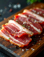 Obraz premium Fresh raw bacon slices on wooden board, sprinkled with coarse salt, black pepper, and herbs