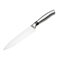 Professional stainless steel chef's knife featuring a sharp blade and ergonomic handle isolated on a white background, ideal for culinary preparation and gourmet cooking in a modern kitchen.