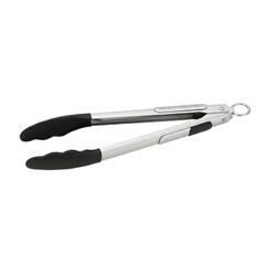 Professional stainless steel kitchen tongs featuring heat resistant black silicone tips and ergonomic non-slip handles designed for cooking, grilling, and serving food in a modern home kitchen.