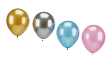 Four metallic balloons isolated PNG on transparent background, gold silver blue and pink balloons for party decoration and celebration © PROSTOCK