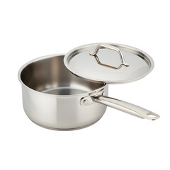 Premium stainless steel saucepan featuring a polished finish, matching lid, and ergonomic long handle, essential professional cookware and kitchen pot for everyday cooking and food preparation.
