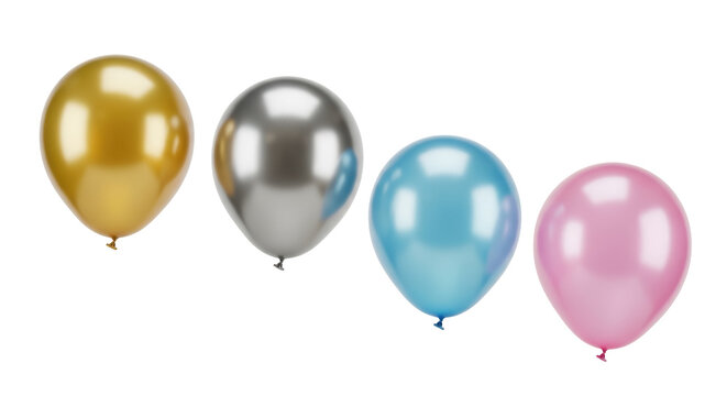 Four metallic balloons isolated PNG on transparent background, gold silver blue and pink balloons for party decoration and celebration