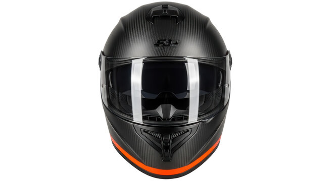 Black carbon fiber motorcycle helmet isolated PNG, full face protective gear for racing and street riding on transparent background