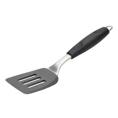 Professional slotted spatula kitchen utensil with a durable stainless steel neck and ergonomic black handle, ideal for flipping food in non-stick pans, isolated on a clean white background.