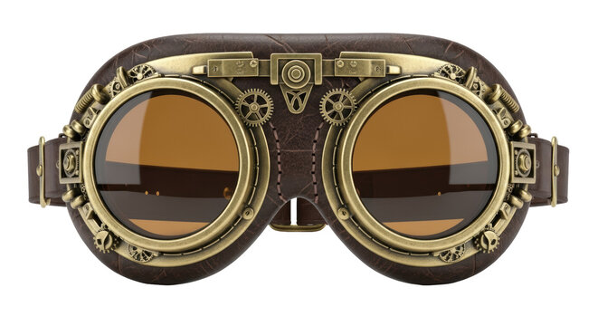 Steampunk goggles PNG isolated on transparent background, vintage eyewear with gears and brown leather for costume design