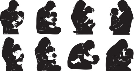 Silhouettes of parents holding and cuddling their little children