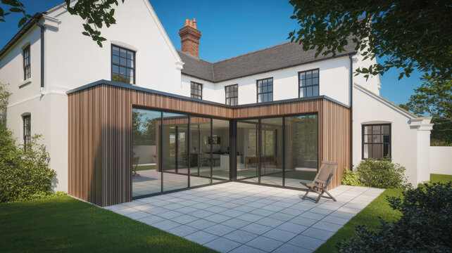 Modern timber frame extension on a traditional house showcasing design and connection with the garden