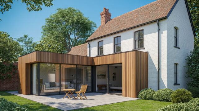 Modern timber frame extension on a traditional house showcasing design and connection with the garden