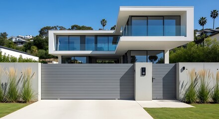 Modern, two-story home with large windows and a minimalist design, a gate and landscaping