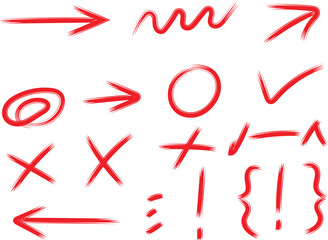 Collection of red hand drawn correction and annotation symbols against white background