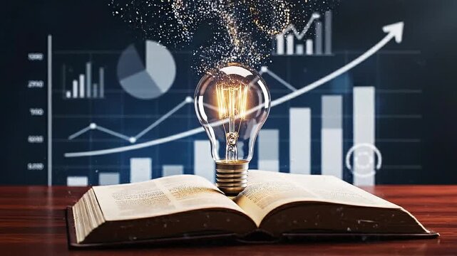 A creative concept of a glowing lightbulb emerging from an open book on a wooden desk with graphs in the background