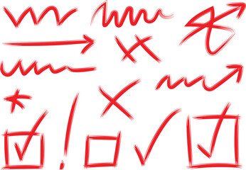 Collection of hand drawn red correction marks and symbols isolated on white background