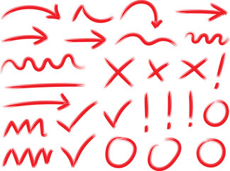 Red hand drawn correction marks arrows checks crosses and circles icons set