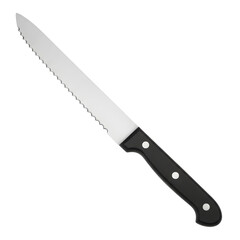 Professional serrated bread knife with a sharp stainless steel blade and a black ergonomic handle with three rivets, isolated on a white background for kitchen and culinary food prep.