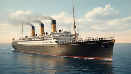 Fototapeta premium Majestic Ocean Liner Sailing on Calm Waters Under a Cloudy Sky.