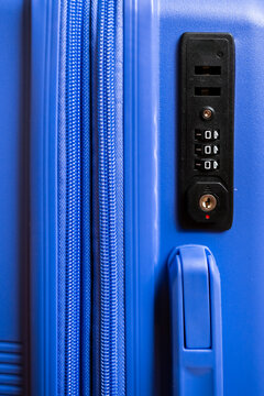 Blue suitcase with secure combination lock and zipper