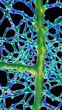 Closeup of leaf venation patterns, Highly detailed imaging showcases minute leaf venation patterns clearly, An intricate and vivid microscopic portrayal of delicate network of leaf veins