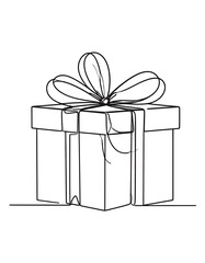 Single continuous line art of a gift box with a bow. Minimalist, clean style. On white background