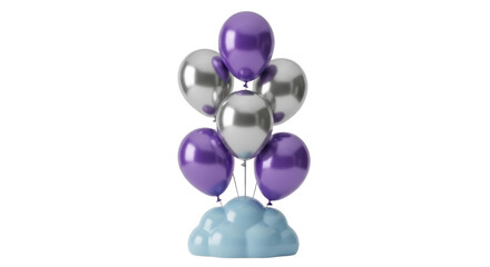 Bunch of purple and silver balloons on a cloud base isolated PNG, party decoration for birthday celebration and special events